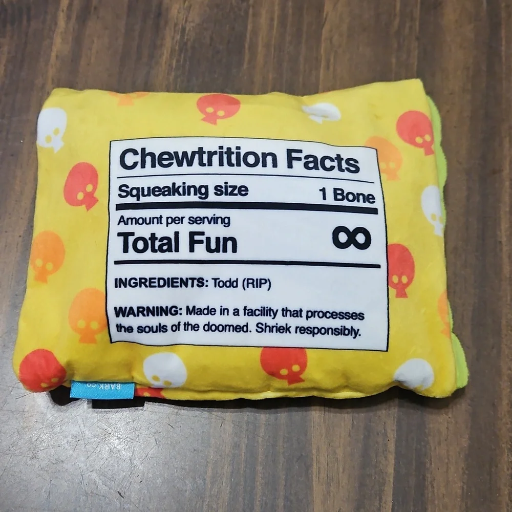 Chewtrition Facts Dog Toy in Yellow and Orange